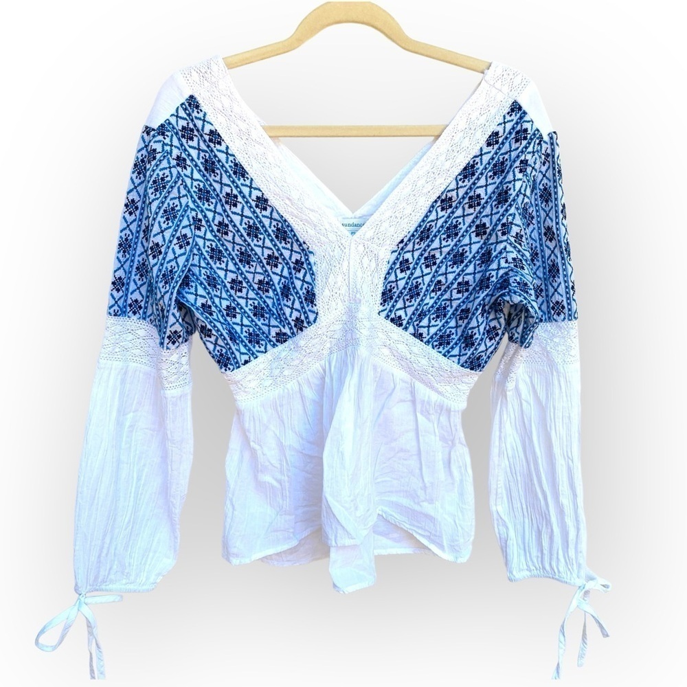 Sundance womens PS l.   long sleeve white blue boho shirt top blouse embroidered
